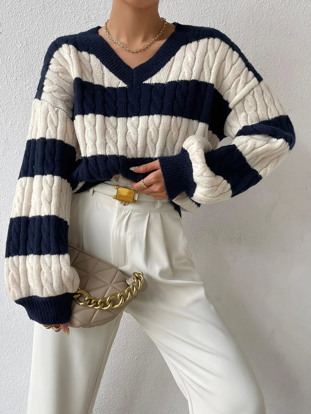 Grace Wool-Blend V-Neck Striped Sweater