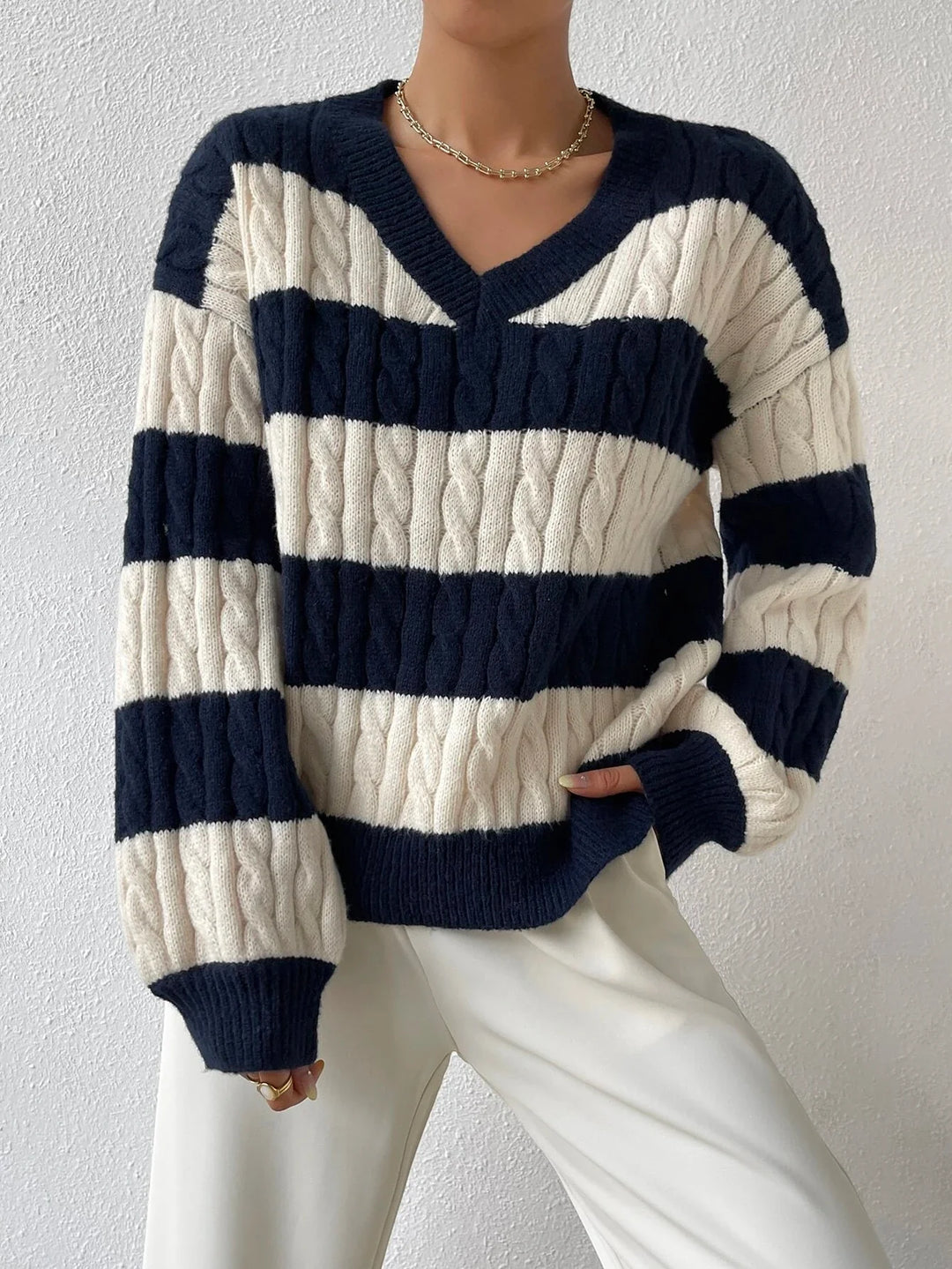 Grace Wool-Blend V-Neck Striped Sweater