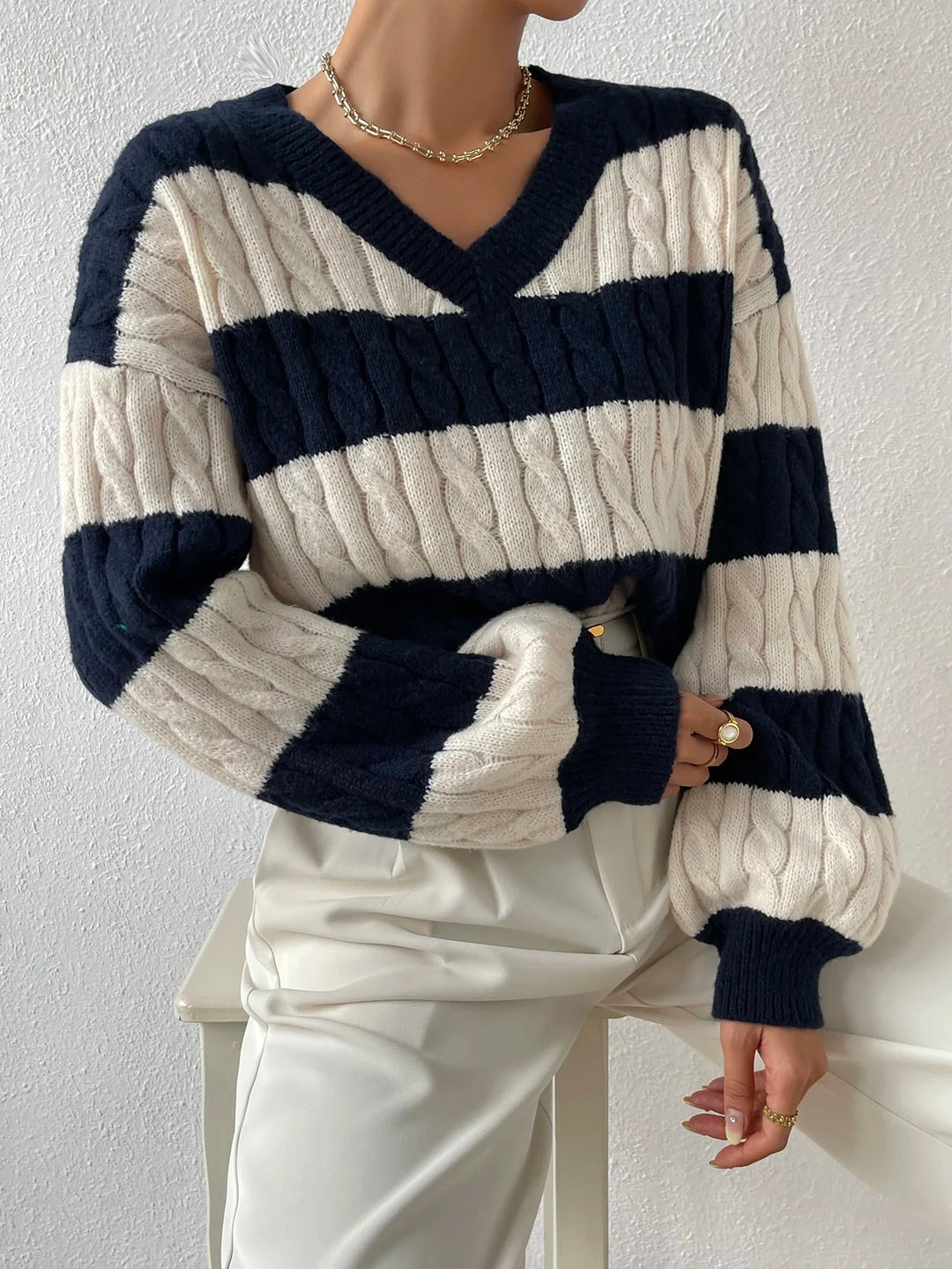 Grace Wool-Blend V-Neck Striped Sweater