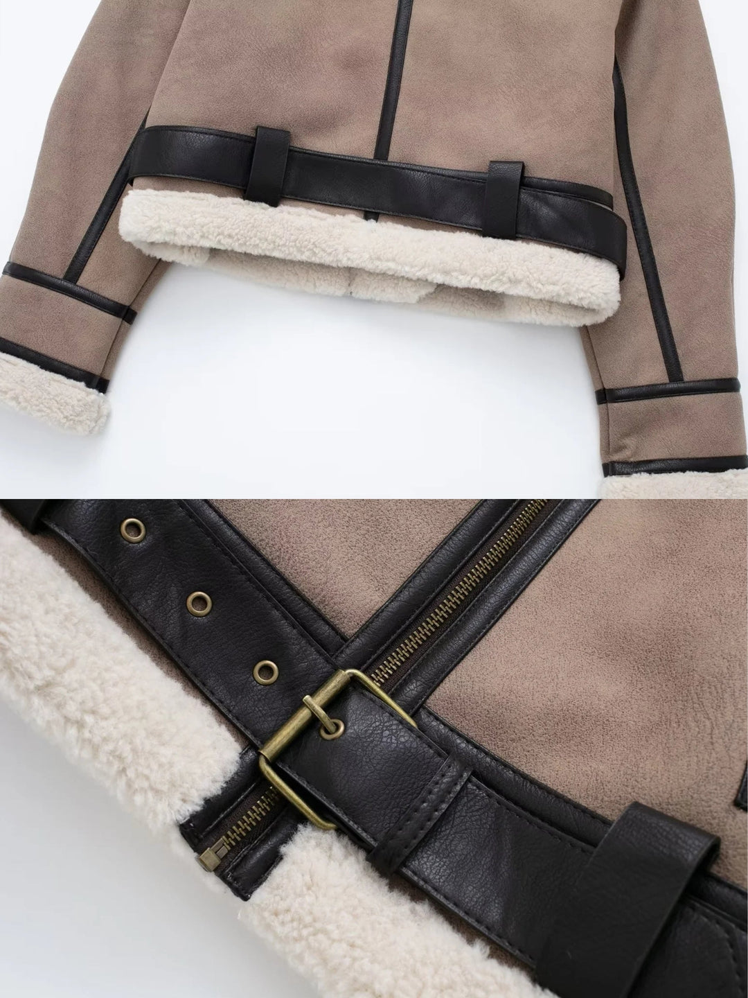 Sienna Belted Cropped Aviator Jacket | Fur-Trim Aviator Jacket with Zipper Pockets