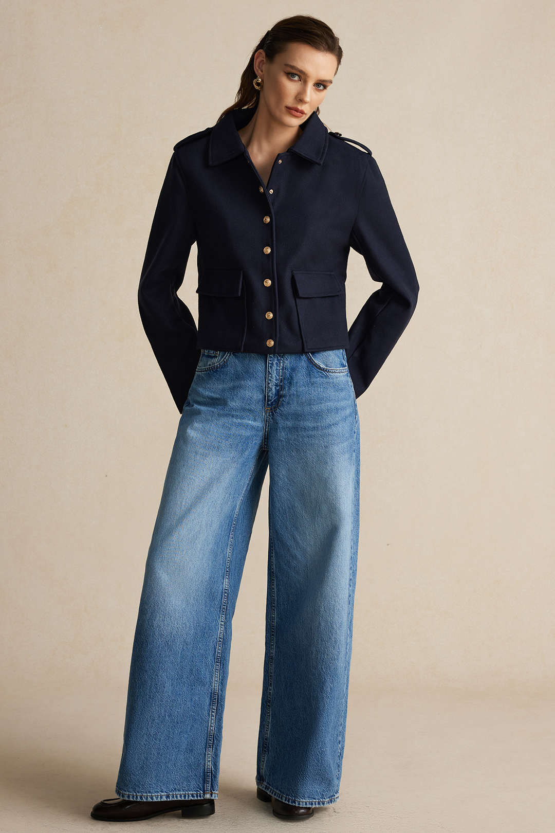 Isabella Wool-Blend Tailored Officer Jacket | Cropped Solid Military Jacket