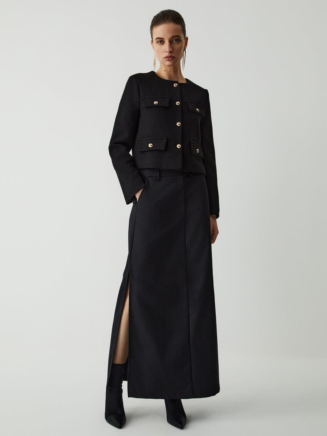 Isabella Wool-Blend Cropped Jacket | Button Front Collarless Jacket