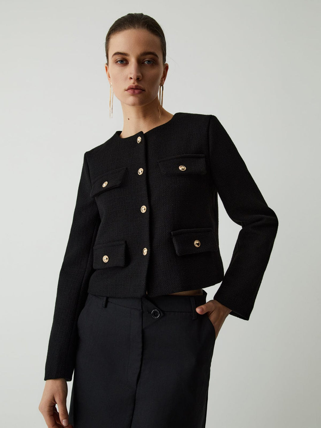 Isabella Wool-Blend Cropped Jacket | Button Front Collarless Jacket