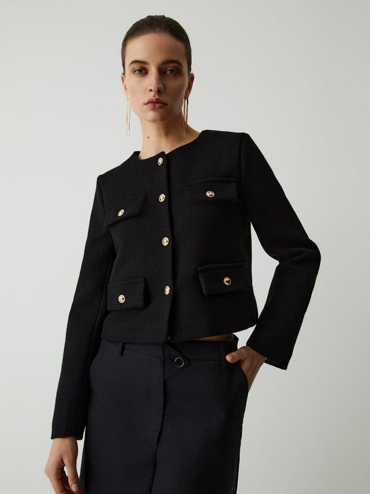 Isabella Wool-Blend Cropped Jacket | Button Front Collarless Jacket
