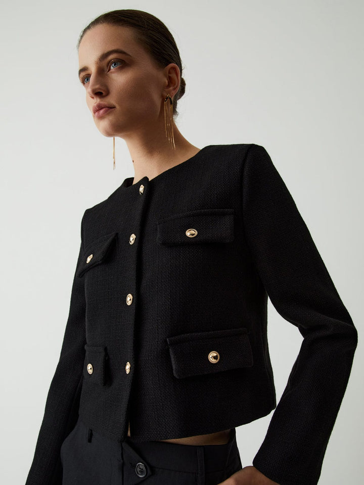 Isabella Wool-Blend Cropped Jacket | Button Front Collarless Jacket