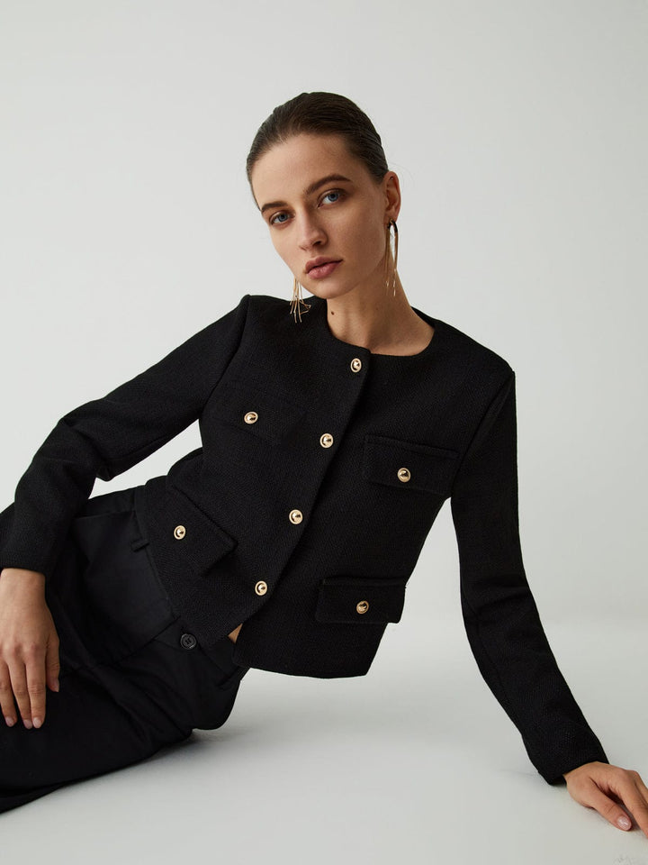 Isabella Wool-Blend Cropped Jacket | Button Front Collarless Jacket