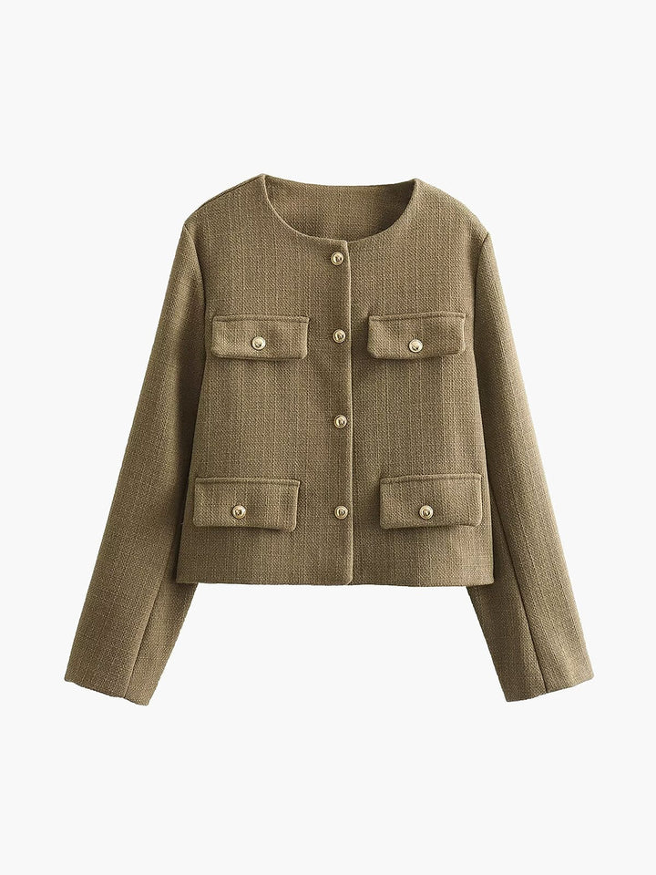 Isabella Wool-Blend Cropped Jacket | Button Front Collarless Jacket