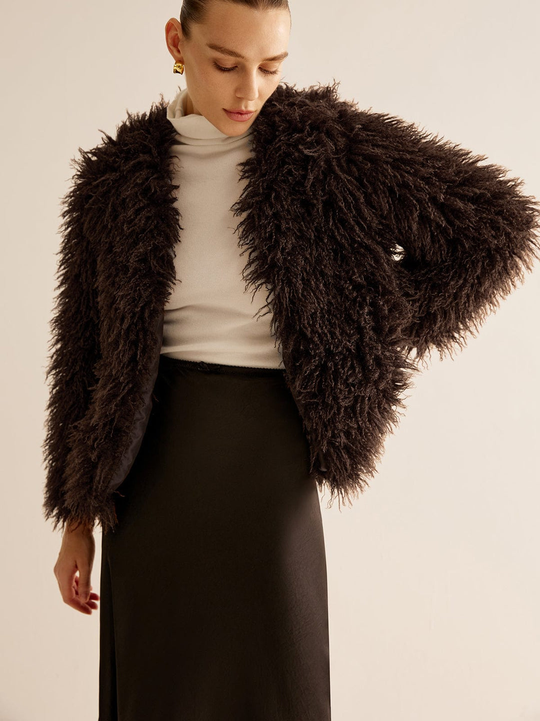 Amelia Shaggy Relaxed Fit Faux Fur Jacket | Collarless Long Sleeve Jacket