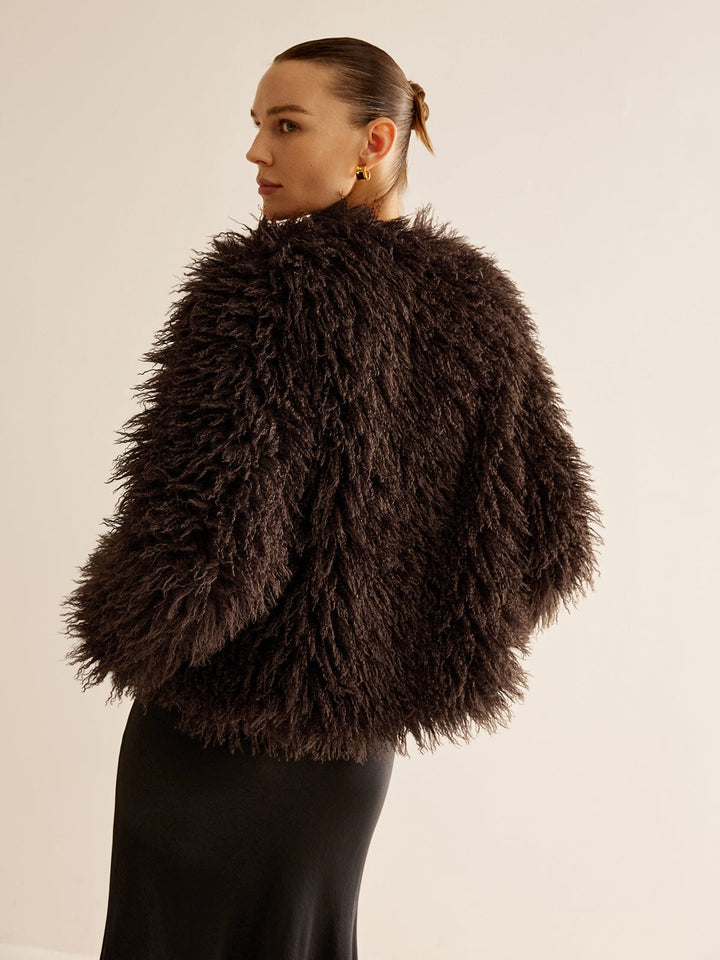 Amelia Shaggy Relaxed Fit Faux Fur Jacket | Collarless Long Sleeve Jacket
