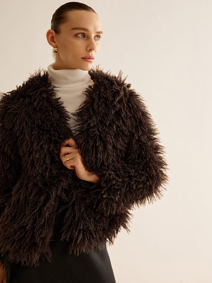 Amelia Shaggy Relaxed Fit Faux Fur Jacket | Collarless Long Sleeve Jacket