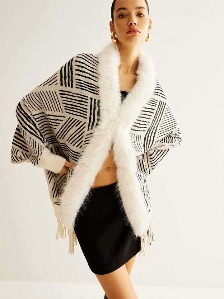 Isla Wool-Blend Oversized Kimono Jacket | Geometric Print Fringe Hem Jacket