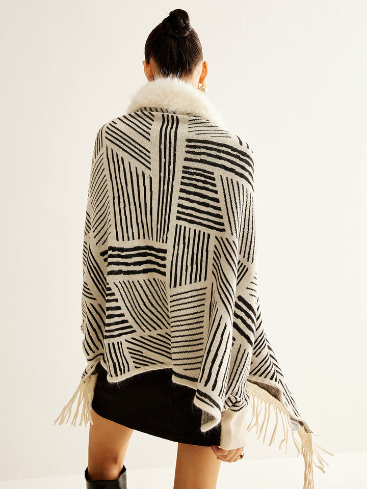 Isla Wool-Blend Oversized Kimono Jacket | Geometric Print Fringe Hem Jacket