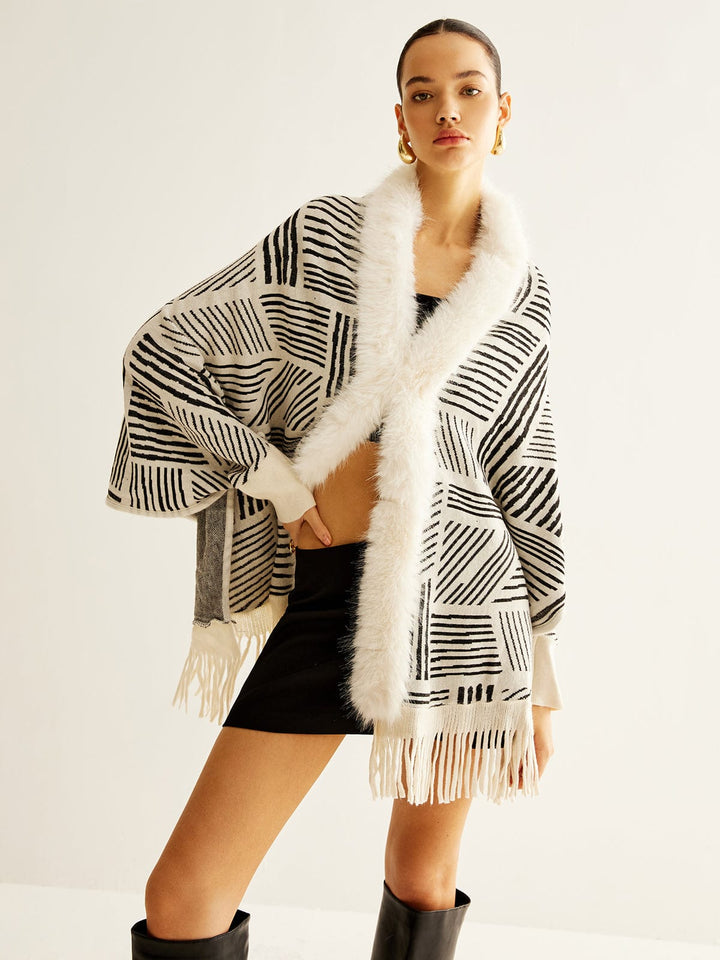 Isla Wool-Blend Oversized Kimono Jacket | Geometric Print Fringe Hem Jacket