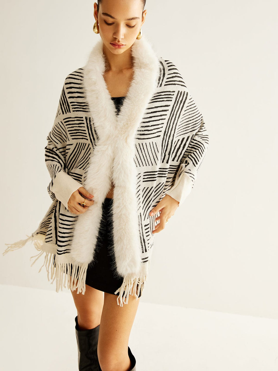 Isla Wool-Blend Oversized Kimono Jacket | Geometric Print Fringe Hem Jacket