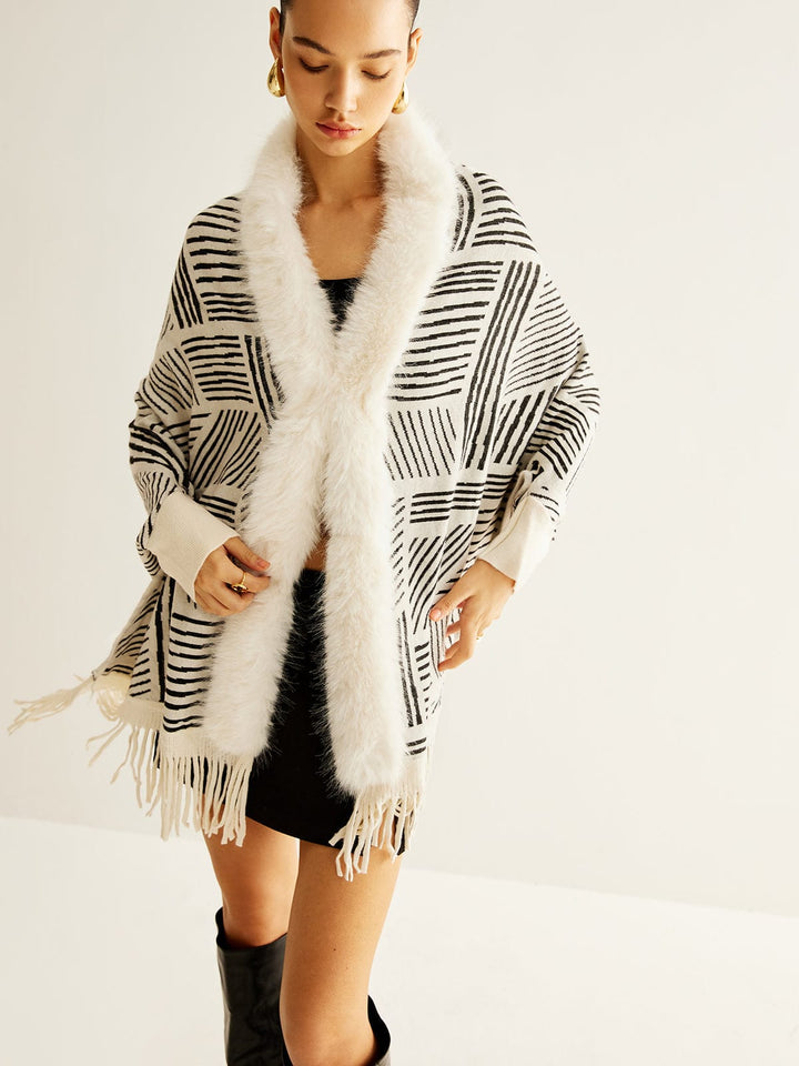Isla Wool-Blend Oversized Kimono Jacket | Geometric Print Fringe Hem Jacket