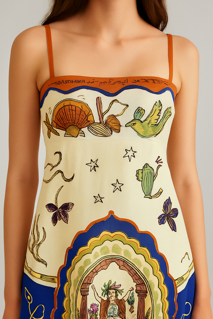 Woman wearing a dress with intricate patterns and designs on a plain background