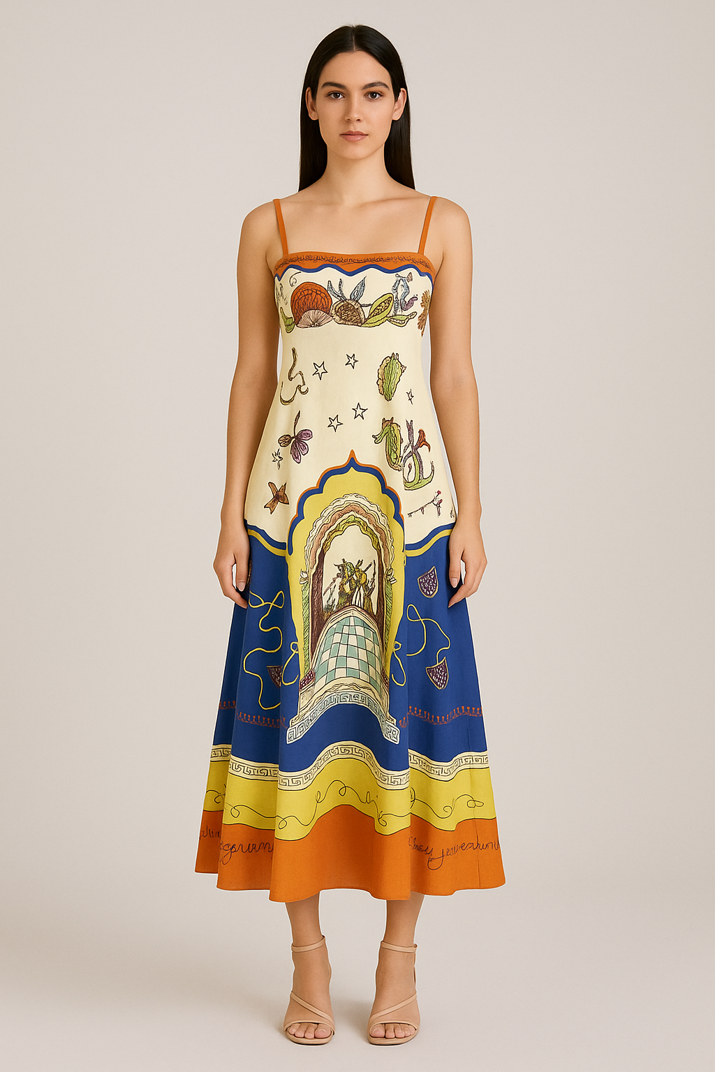 Woman wearing a colorful dress with intricate patterns on a plain background