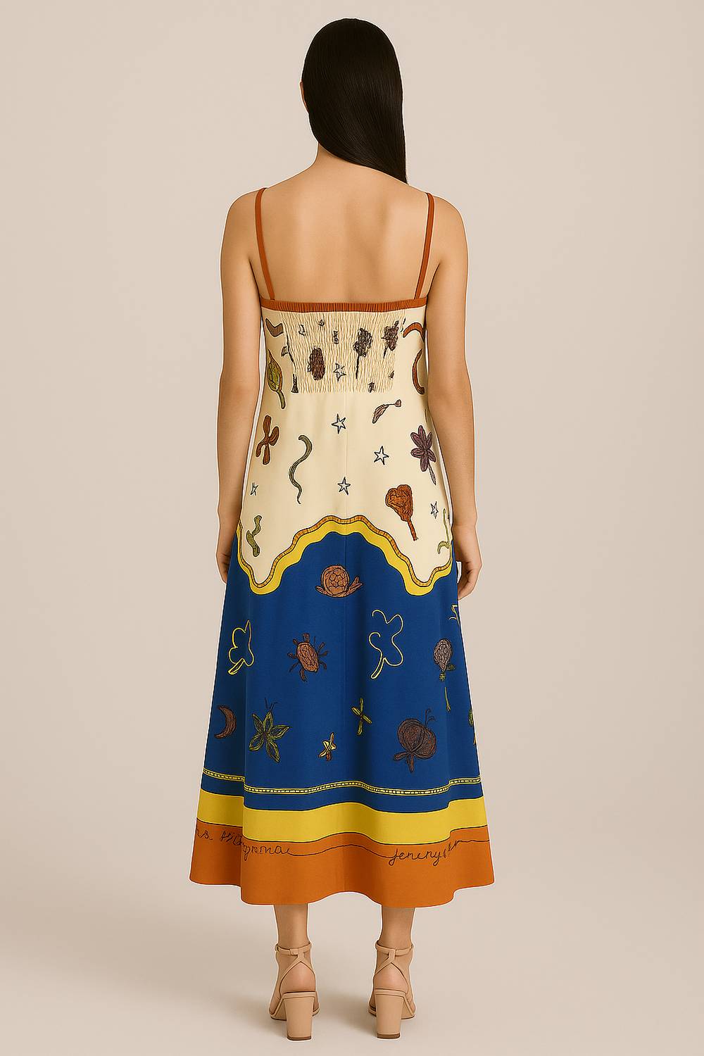 Woman wearing a colorful dress with animal prints on a beige background