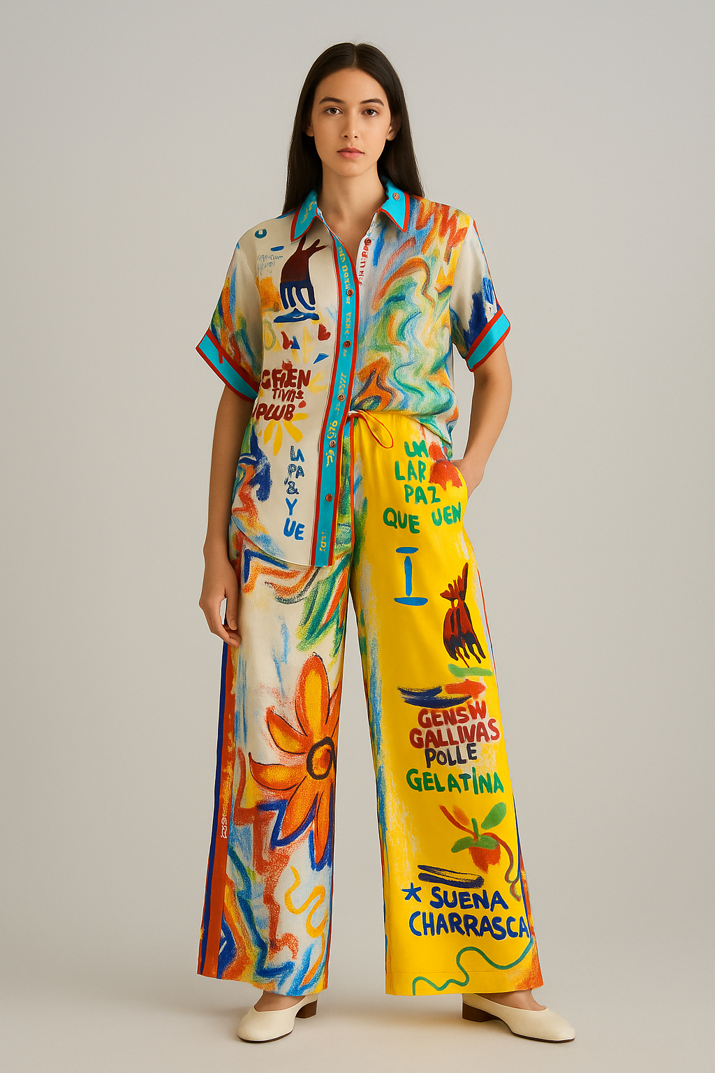 Woman wearing a colorful outfit with abstract designs and text on a plain background