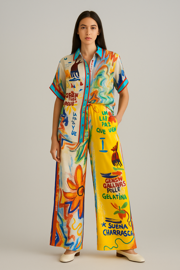 Woman wearing a colorful outfit with abstract designs and text on a plain background