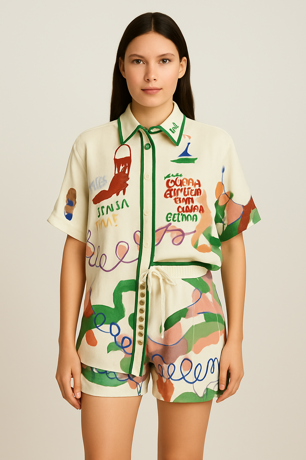 Woman wearing a colorful outfit with graphic designs on a plain background