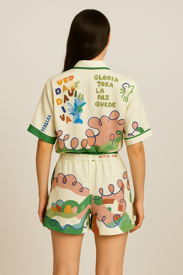 Person wearing a colorful outfit with abstract designs and text on a beige background