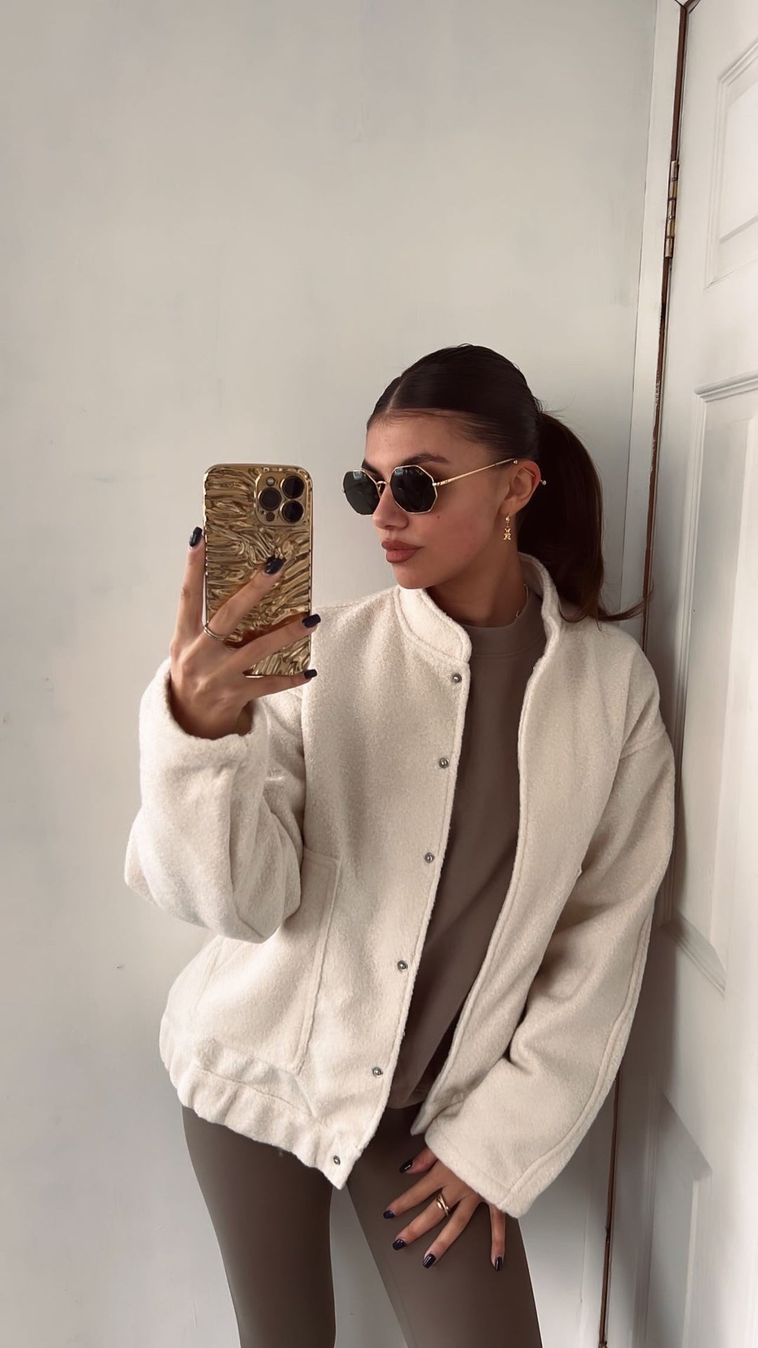 Sienna Fleece Oversized Jacket | Band Collar Snap Front Jacket