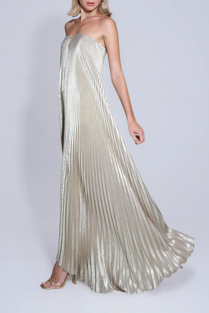Flowy gold summer dress with breathable fabric and draped silhouette