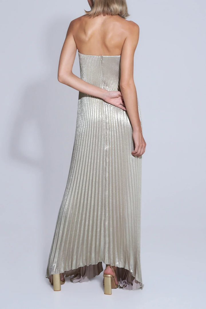 Elegant golden evening gown perfect for beach weddings or summer events