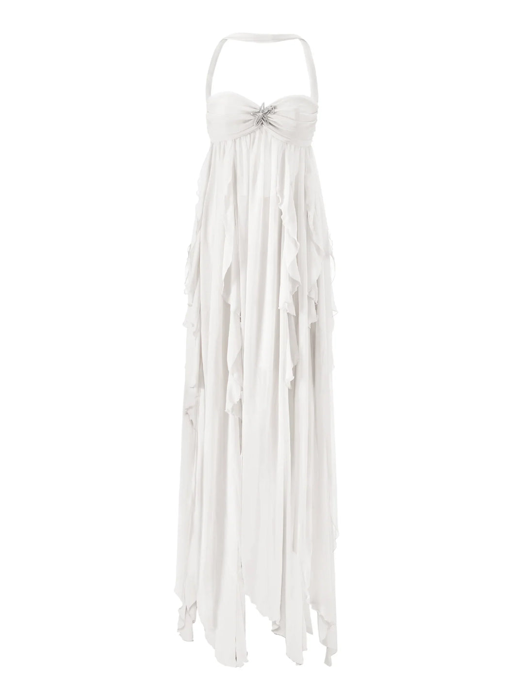 White strapless dress with ruffled skirt on a white background