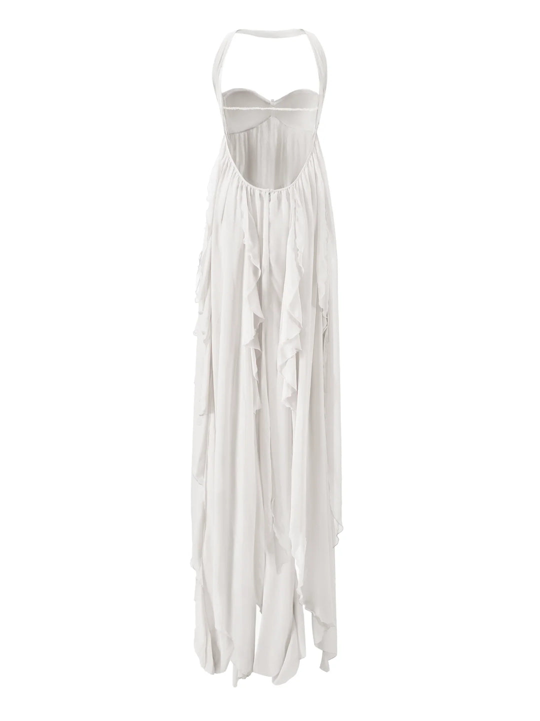 White strapless dress with flowing fabric on a white background