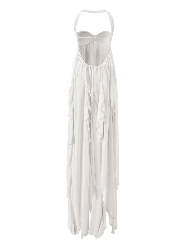 White strapless dress with flowing fabric on a white background