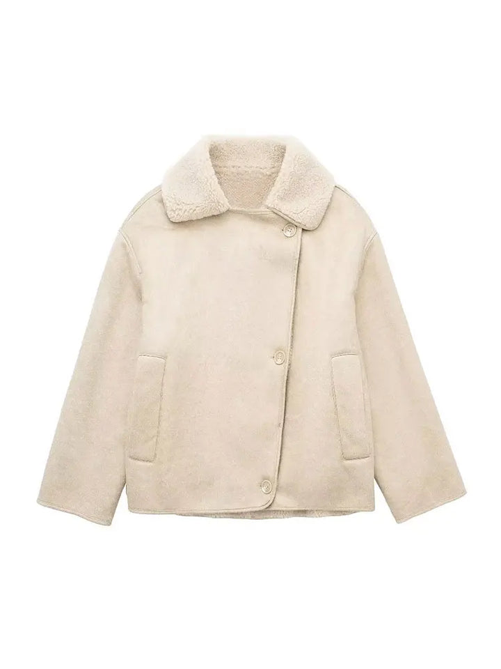 Isabel Wool-Blend Oversized Shearling Jacket | Collared Button Front Jacket