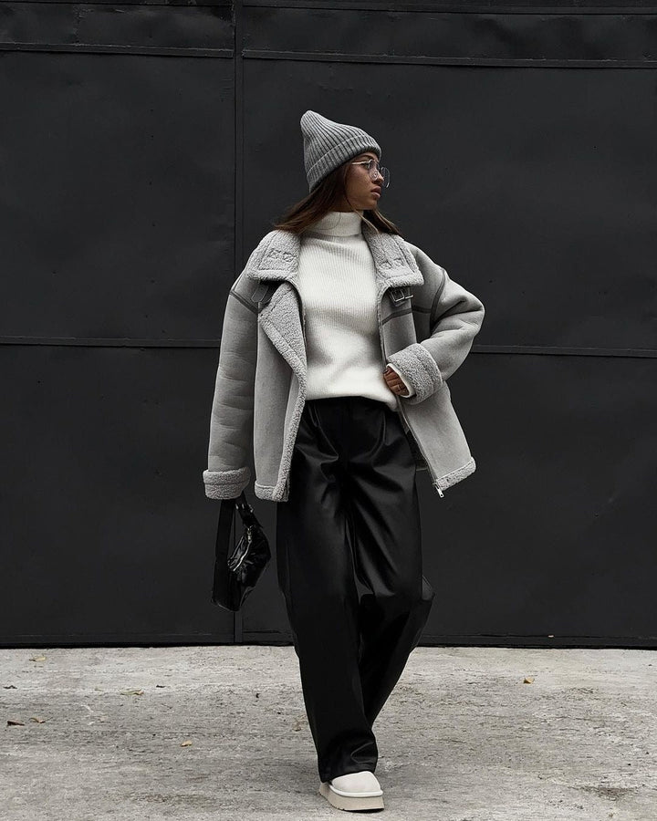 Grace Oversized Shearling Jacket | Collared Zip Front Shearling Jacket