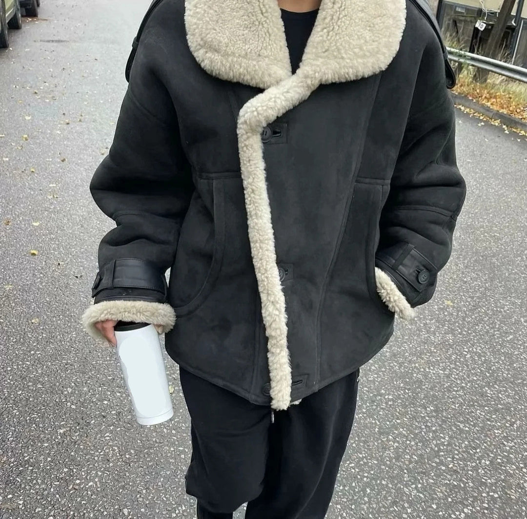 Isla Wool-Blend Oversized Aviator Jacket | Shearling Trim Button Front Jacket