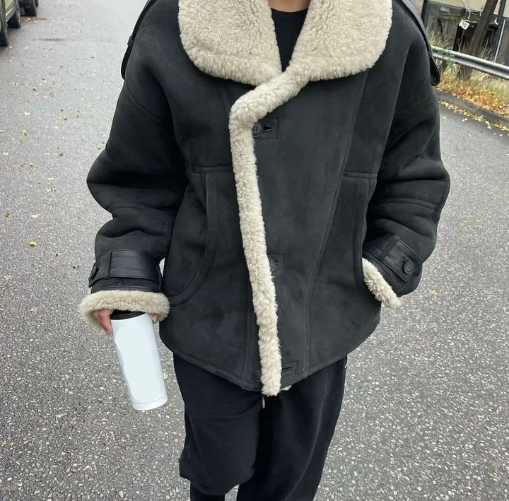 Isla Wool-Blend Oversized Aviator Jacket | Shearling Trim Button Front Jacket