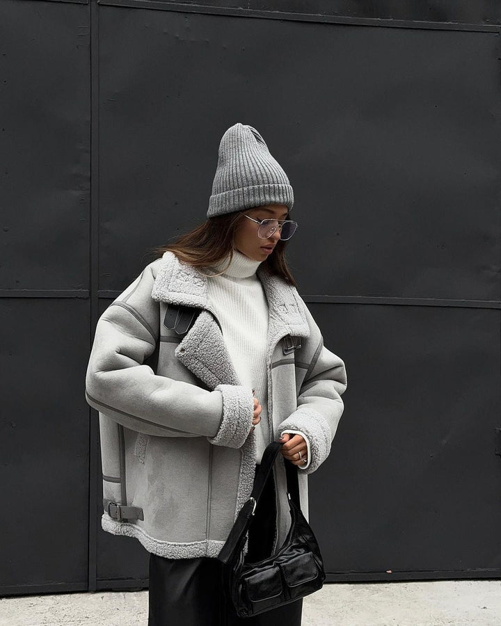 Grace Oversized Shearling Jacket | Collared Zip Front Shearling Jacket