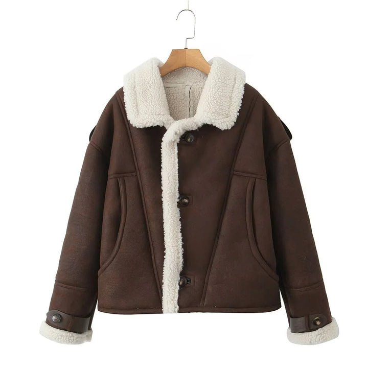 Isla Wool-Blend Oversized Aviator Jacket | Shearling Trim Button Front Jacket