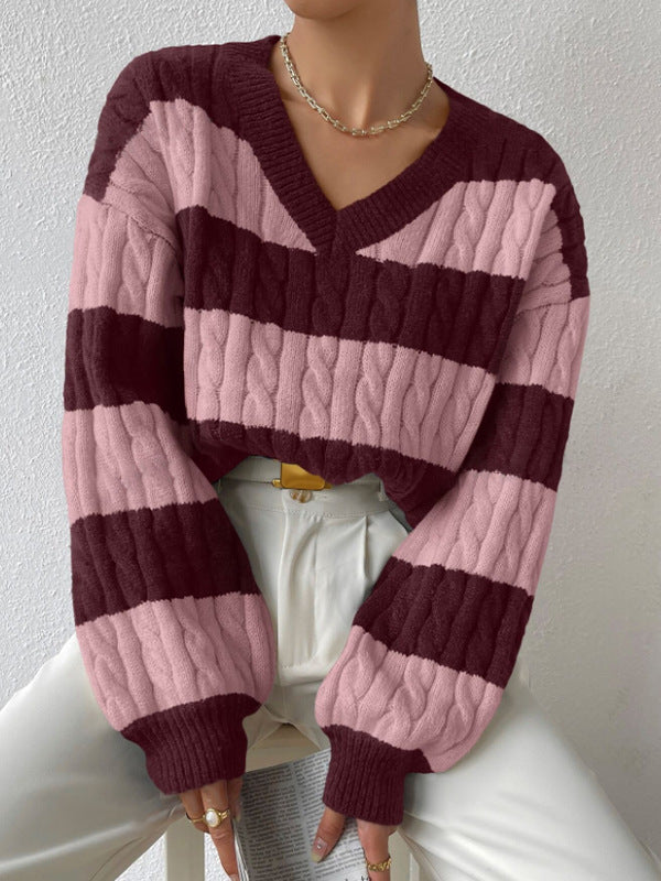 Grace Wool-Blend V-Neck Striped Sweater