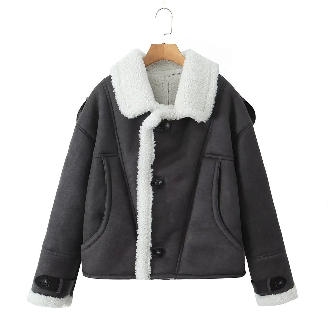 Isla Wool-Blend Oversized Aviator Jacket | Shearling Trim Button Front Jacket