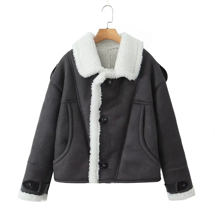 Isla Wool-Blend Oversized Aviator Jacket | Shearling Trim Button Front Jacket