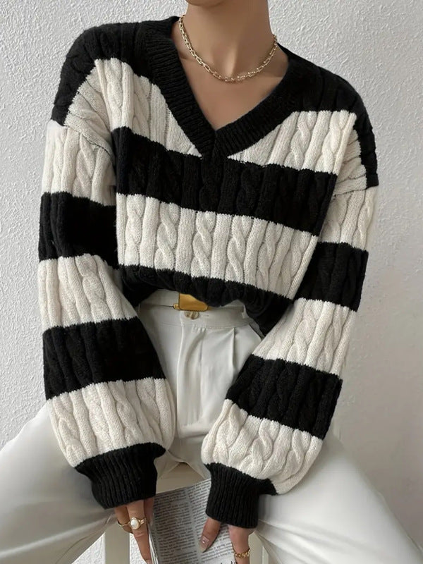 Grace Wool-Blend V-Neck Striped Sweater