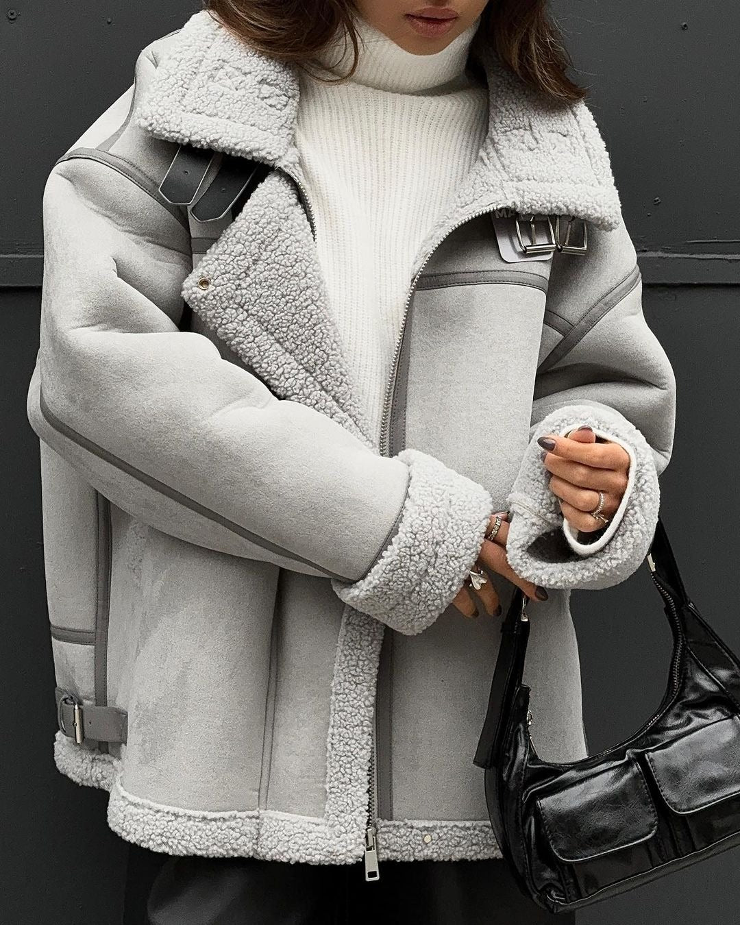 Grace Oversized Shearling Jacket | Collared Zip Front Shearling Jacket