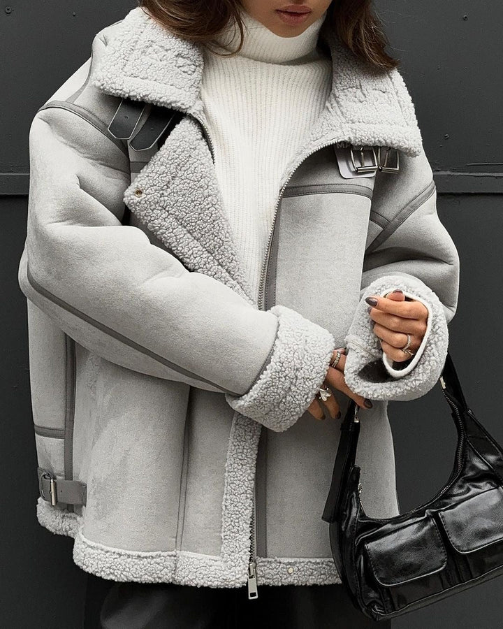 Grace Oversized Shearling Jacket | Collared Zip Front Shearling Jacket