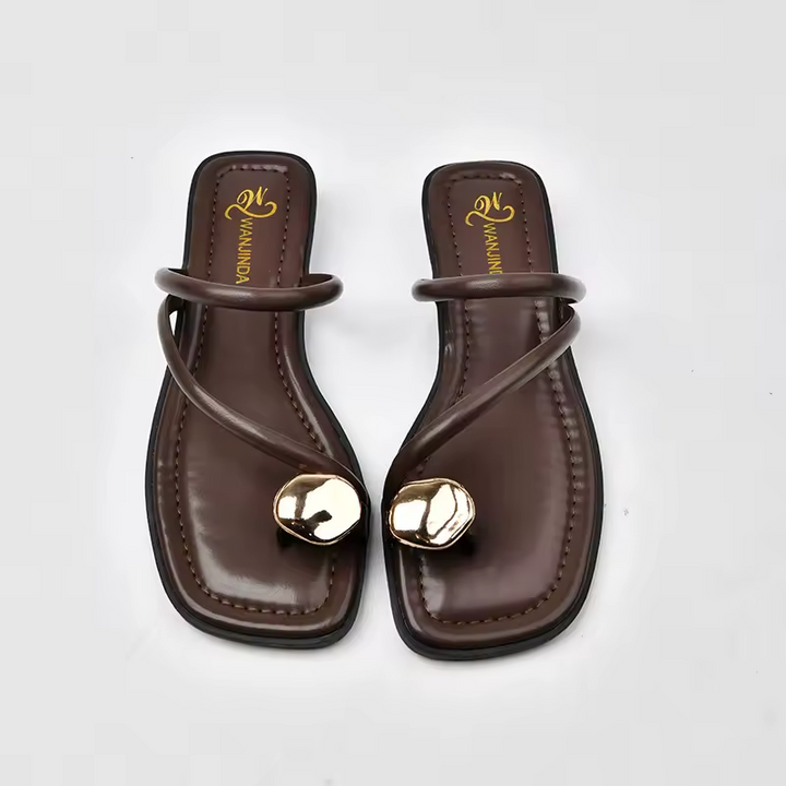 Pair of brown sandals with gold embellishments on a white background