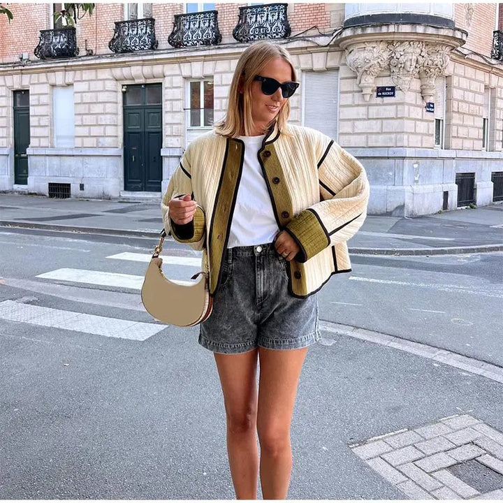 Rosie Quilted Jacket | Piped Trim Button Front Patch Pockets Jacket