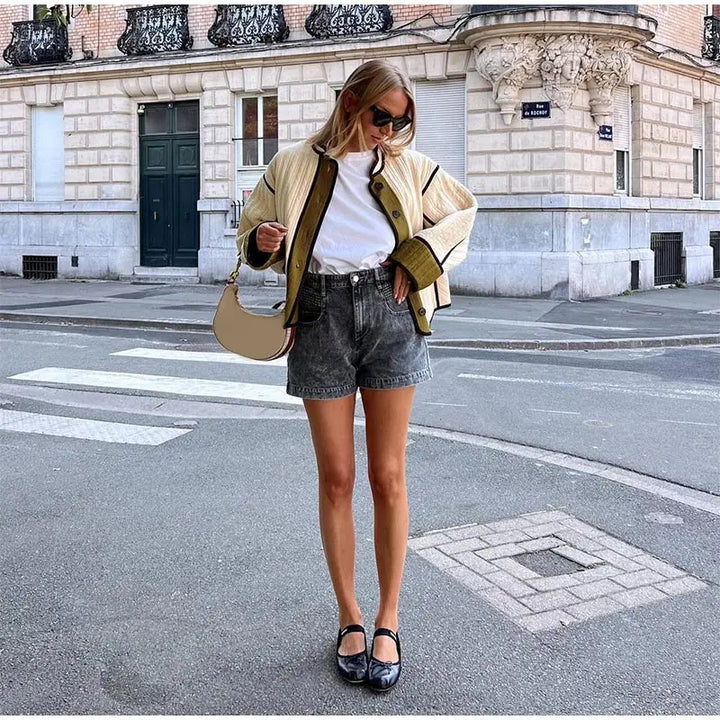 Rosie Quilted Jacket | Piped Trim Button Front Patch Pockets Jacket