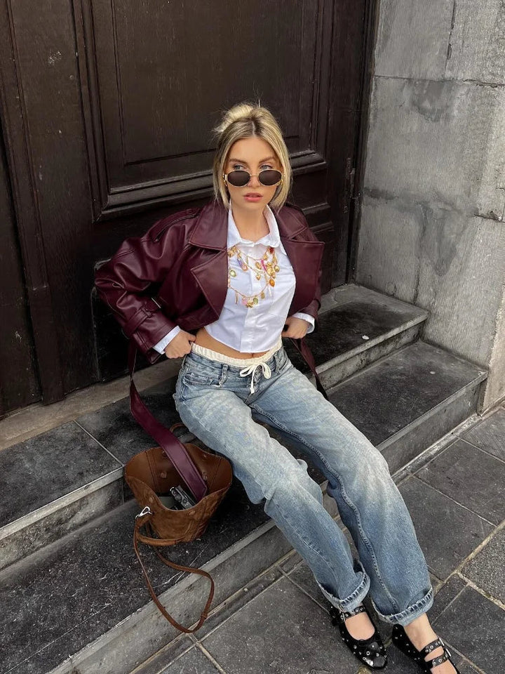 Isabella Leather Oversized Biker Jacket | Collared Hip-Length Jacket