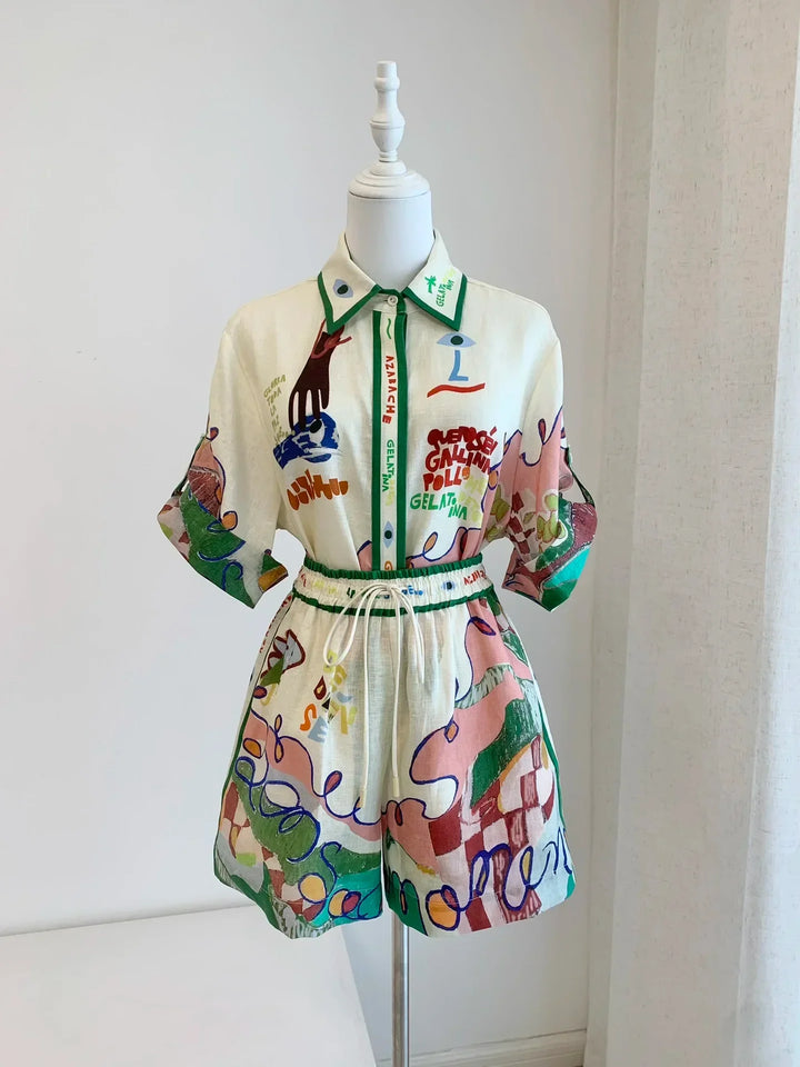 Colorful dress with abstract patterns on a mannequin against a white background