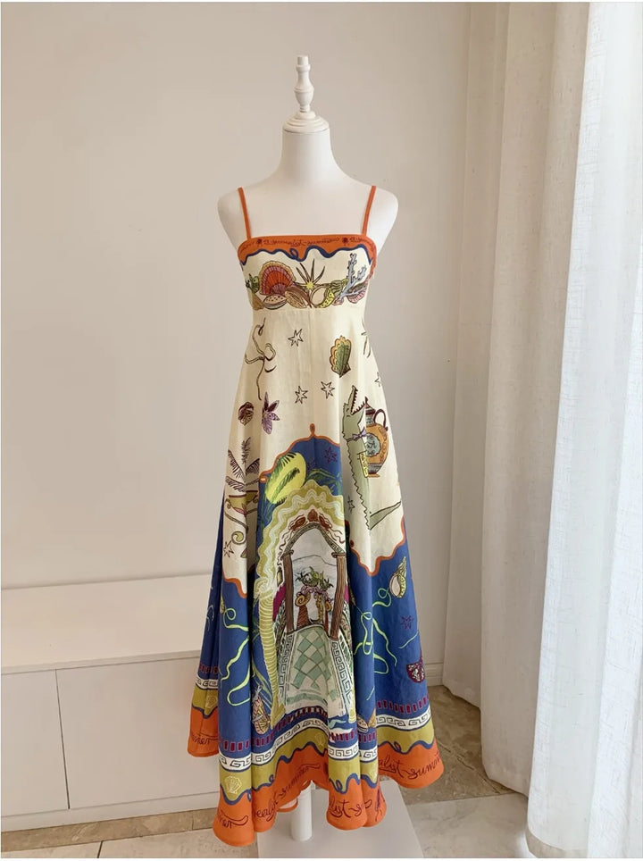 Colorful dress with intricate patterns on a mannequin against a neutral background